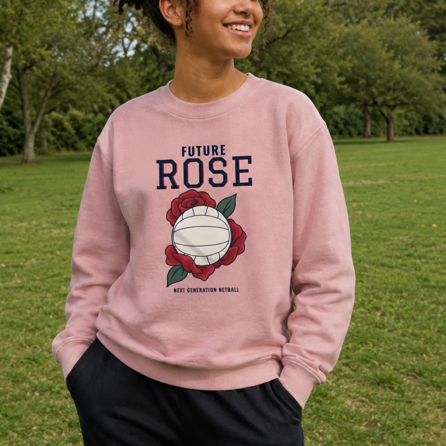 England Netball Future Rose Pink Slogan Jumper for Teen Girls