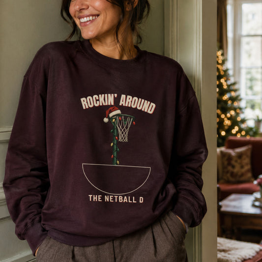 Netball Christmas Sweatshirt - Rockin' Around the Netball D Funny Slogan