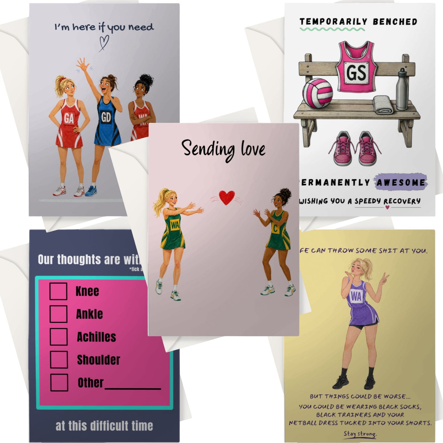 Set of 5 Netball Get Well Soon and Sympathy Cards for Netball Clubs and Players