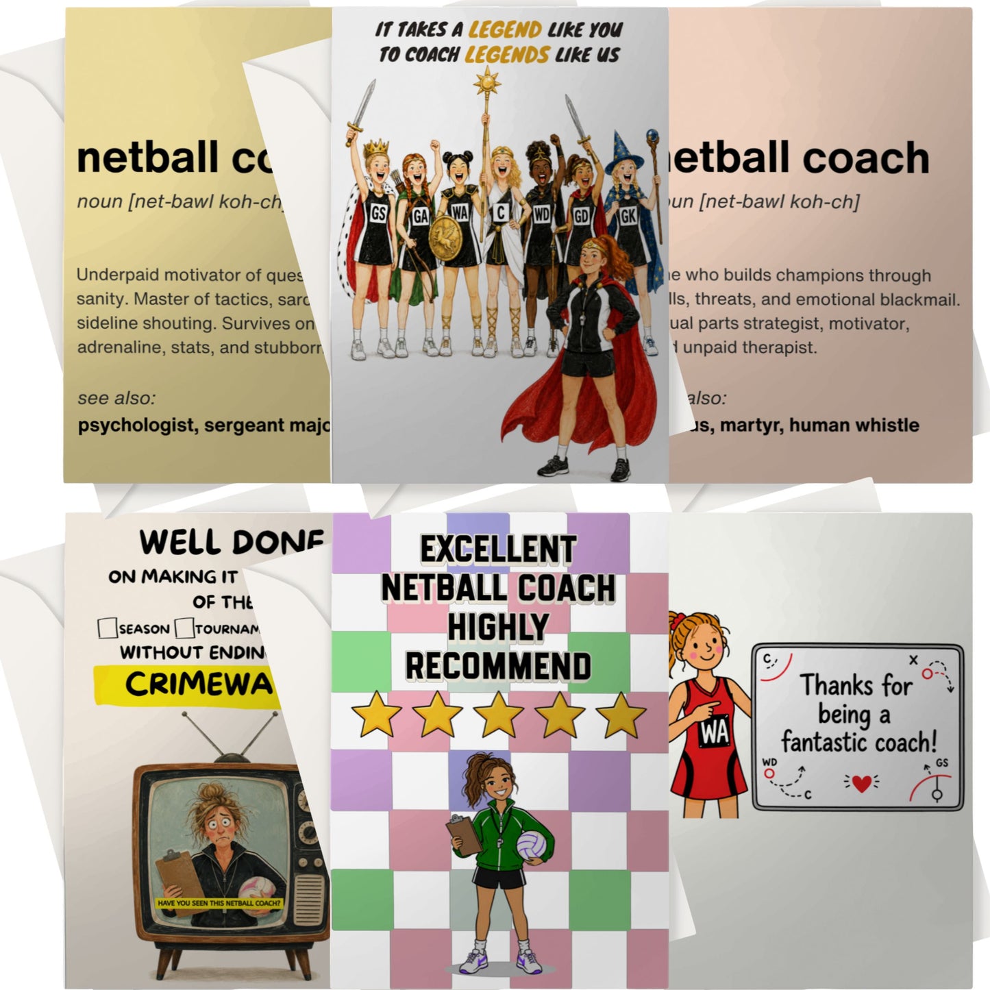 6 Netball Coach Thank You Cards - Pack of 6 Netball Cards for Clubs