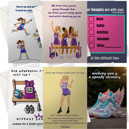 Bulk Pack of 6 Netball Get Well, Sympathy and Thinking of you Cards for Netball Players 