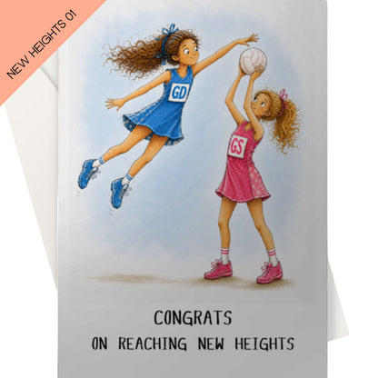 Netball Players Congratulations Card - Reaching New Heights
