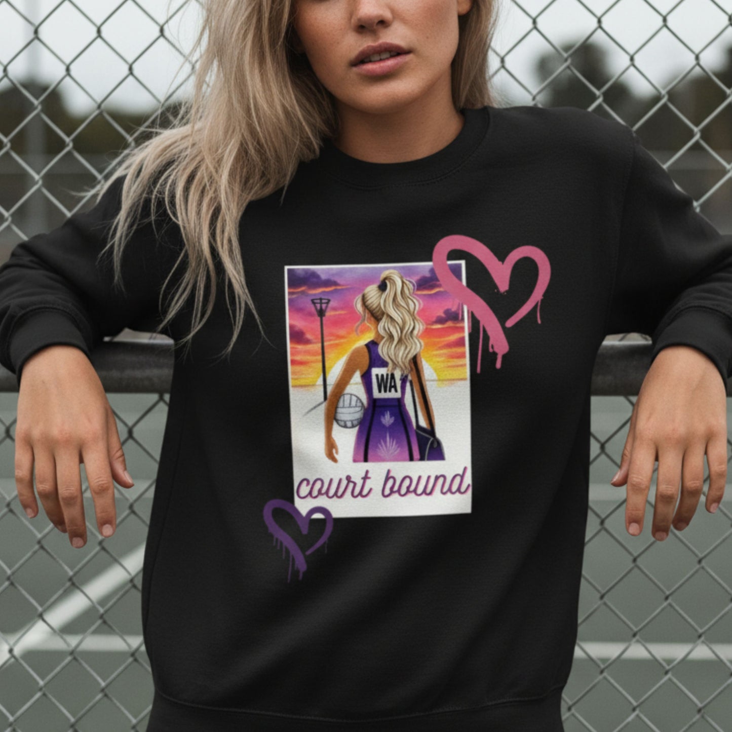 Netball Gifts - Cute Netball Graphic Jumper - Court Bound Slogan