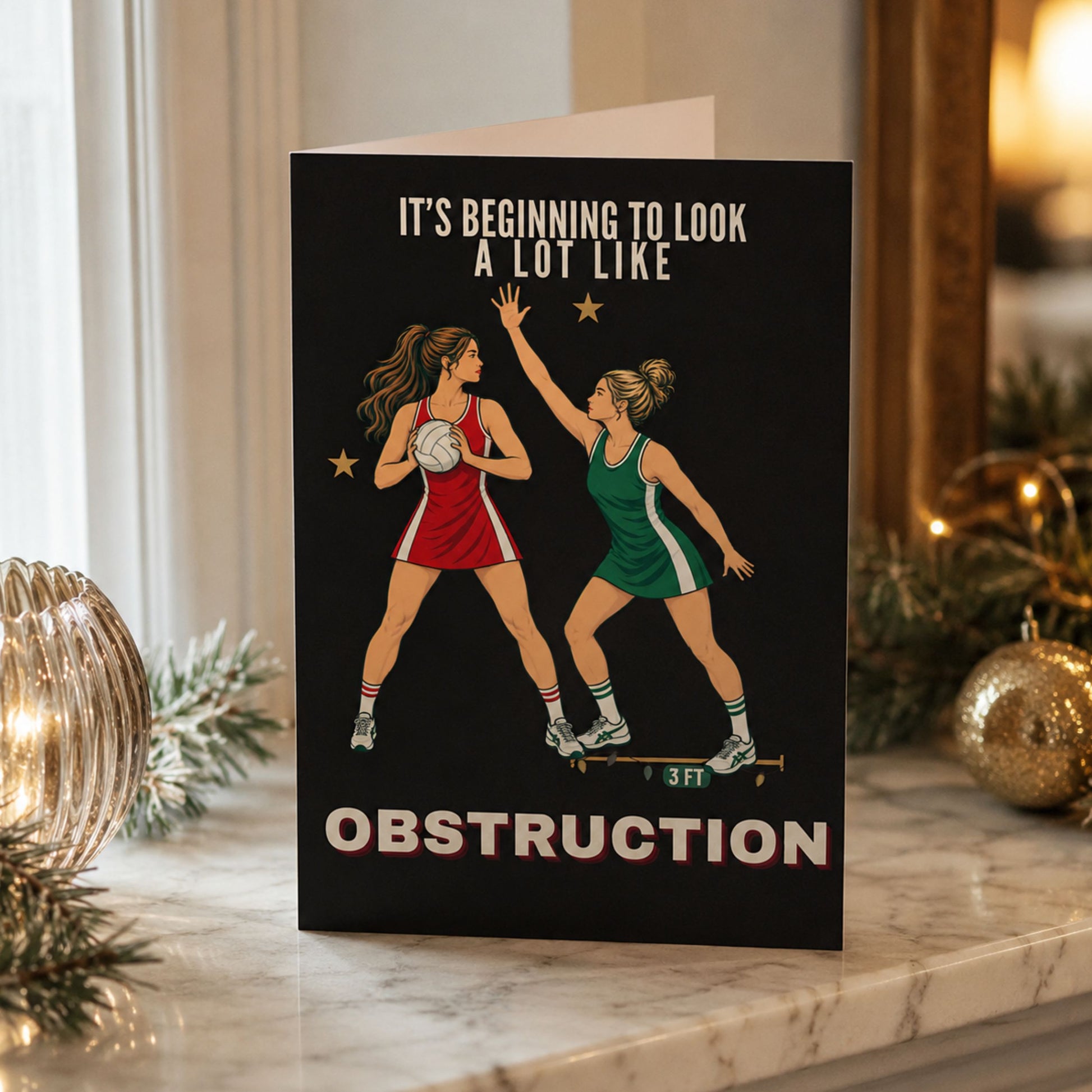 Netball Player Christmas Card for Teammates and Friends - Obstruction