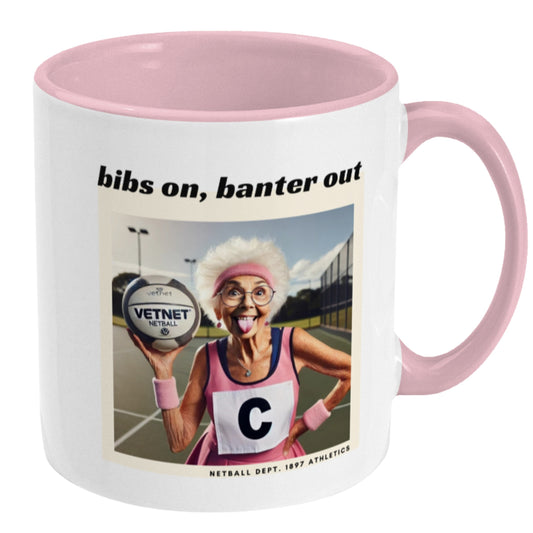 Funny Netball Mug - Bibs On Banter Out Slogan
