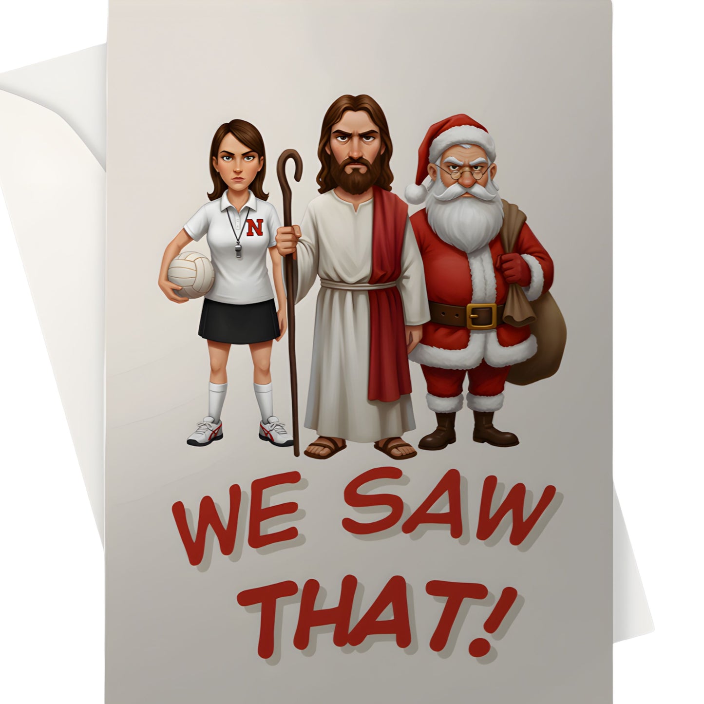 Funny Netball Christmas Card - Santa, Jesus and Netball Umpire