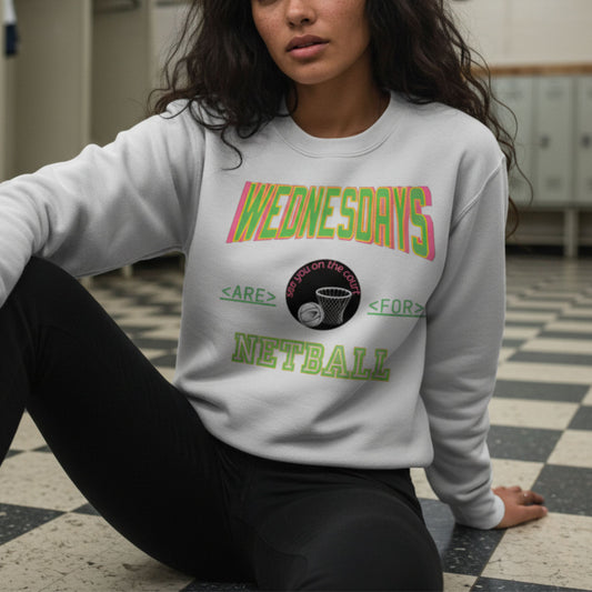 Netball Gifts - Grey Sweatshirt with Wednesday Netball Slogan