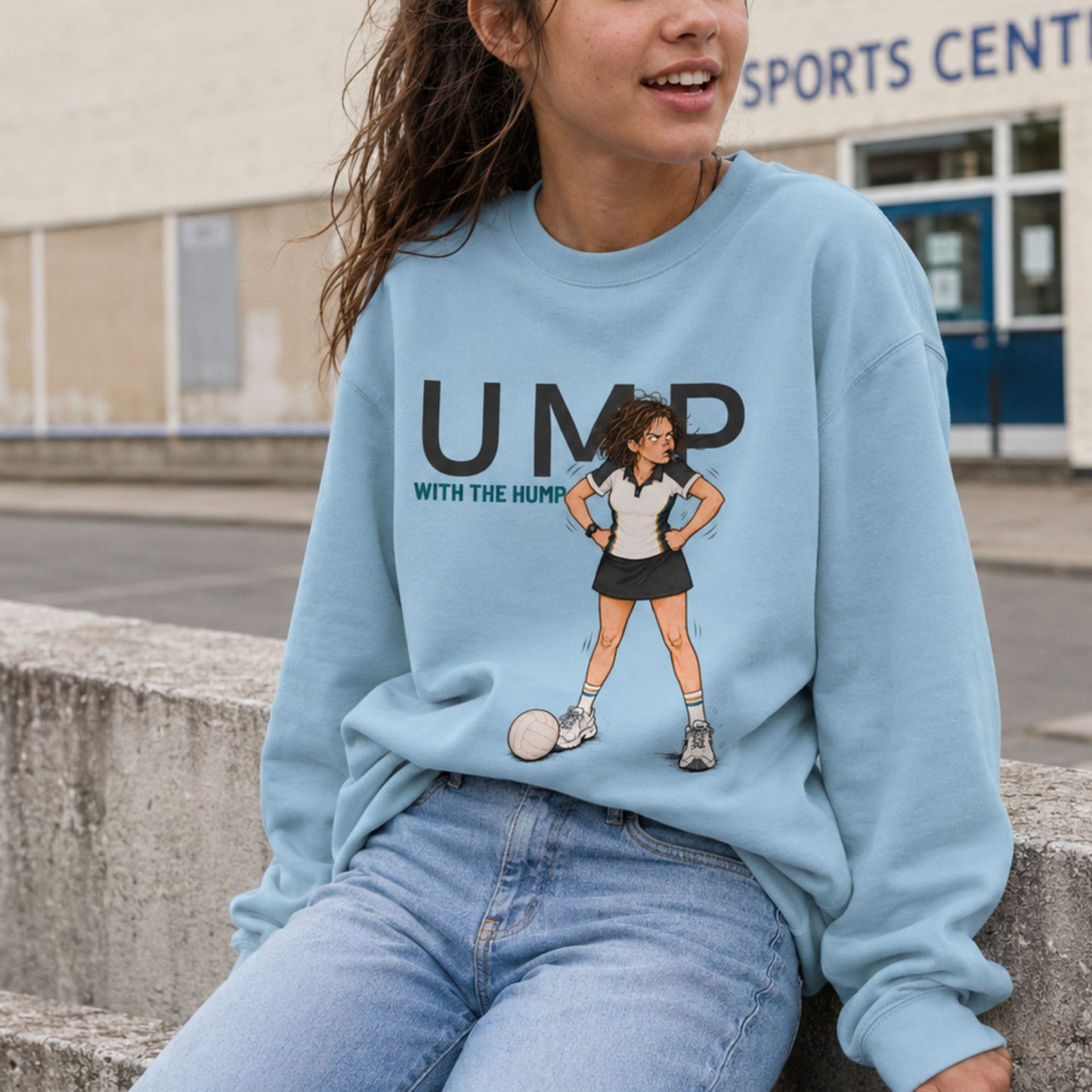 Blue Netball Jumper with Sports Fashion Graphic for Children and Teens