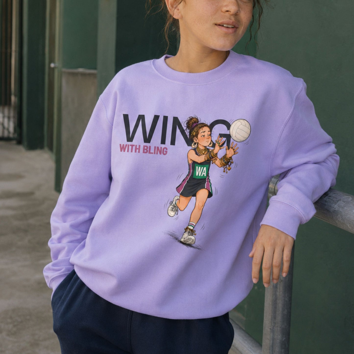 Teen Girl Netball Jumper - Wing With Bling Slogan and Graphic