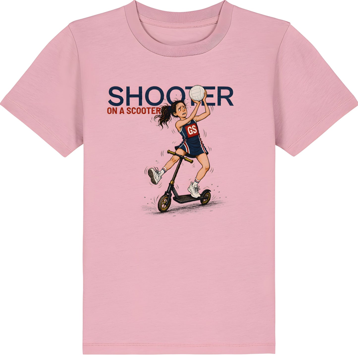 Pink Netball T-shirt for Kids - Shooter on a Scooter Graphic