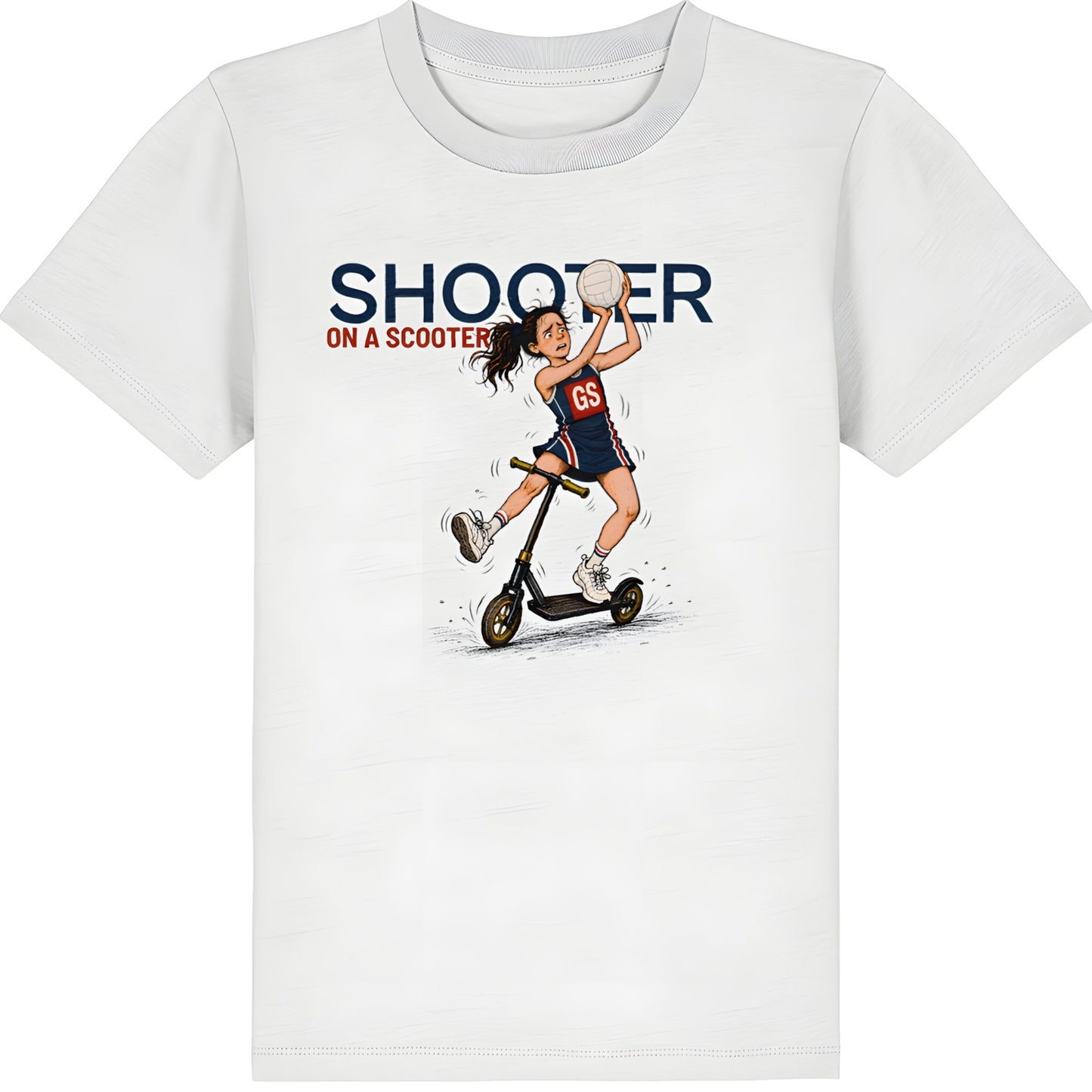 White Netball T-shirt for Kids - Shooter on a Scooter Graphic