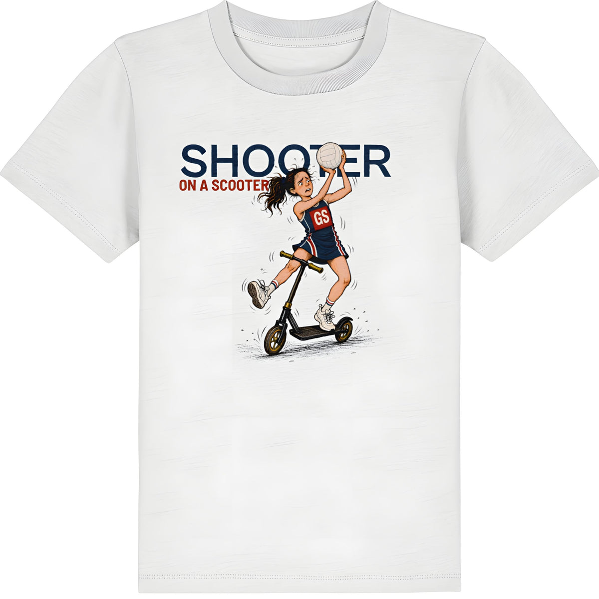 White Netball T-shirt for Kids - Shooter on a Scooter Graphic