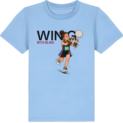 Blue Netball T-shirt for Kids - Wing With Bling Sports Graphic Tee