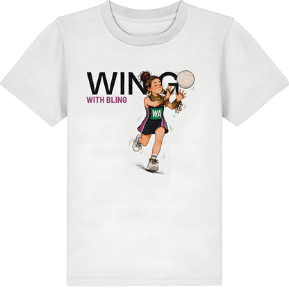 White Netball T-shirt for Children - Wing With Bling Sports Graphic Tee
