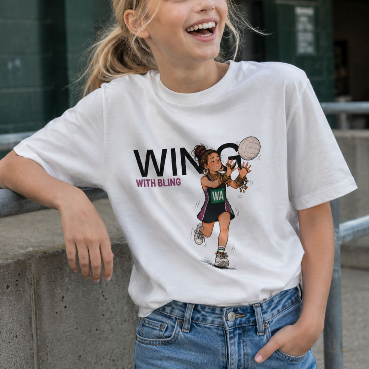 White Teen Girls Netball Graphic Tee Shirt - Wing With Bling Slogan