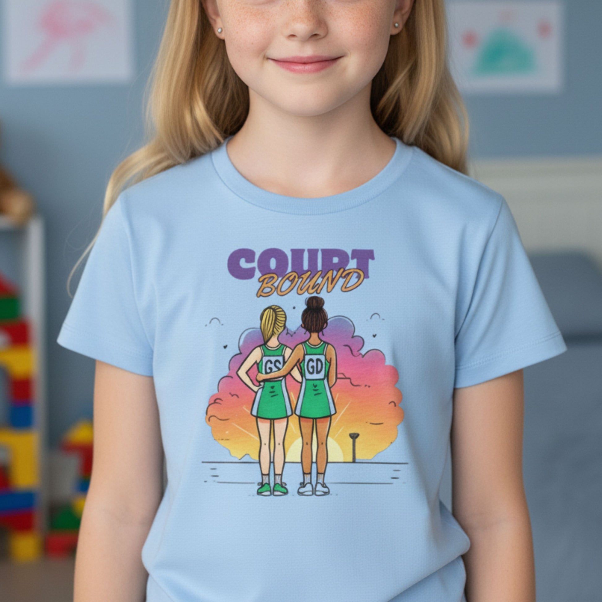 Netball Gifts - Kids Blue Netball Player Graphic T-Shirt
