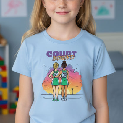 Netball Gifts - Kids Blue Netball Player Graphic T-Shirt