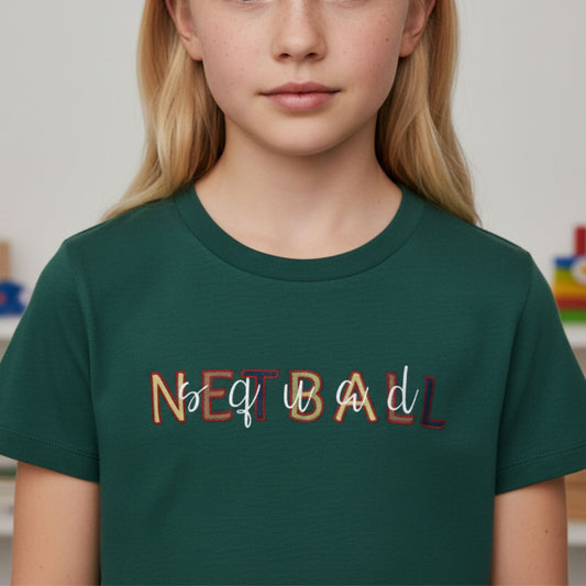 Netball Gifts - Green T-Shirt for Kids With Netball Squad Slogan