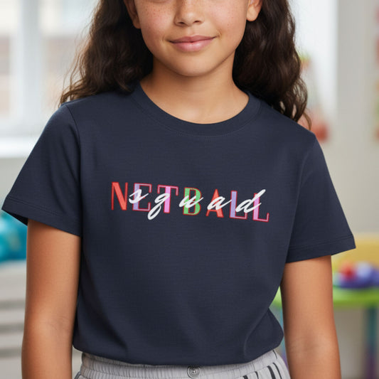 Netball Gifts - Kids Navy Blue Netball Squad Slogan T-Shirt