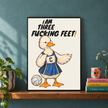 Funny netball print with I AM THREE FUCKING FEET in a lifestyle room