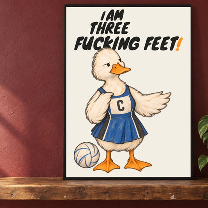Framed netball wall art close-up with I AM THREE FUCKING FEET wording