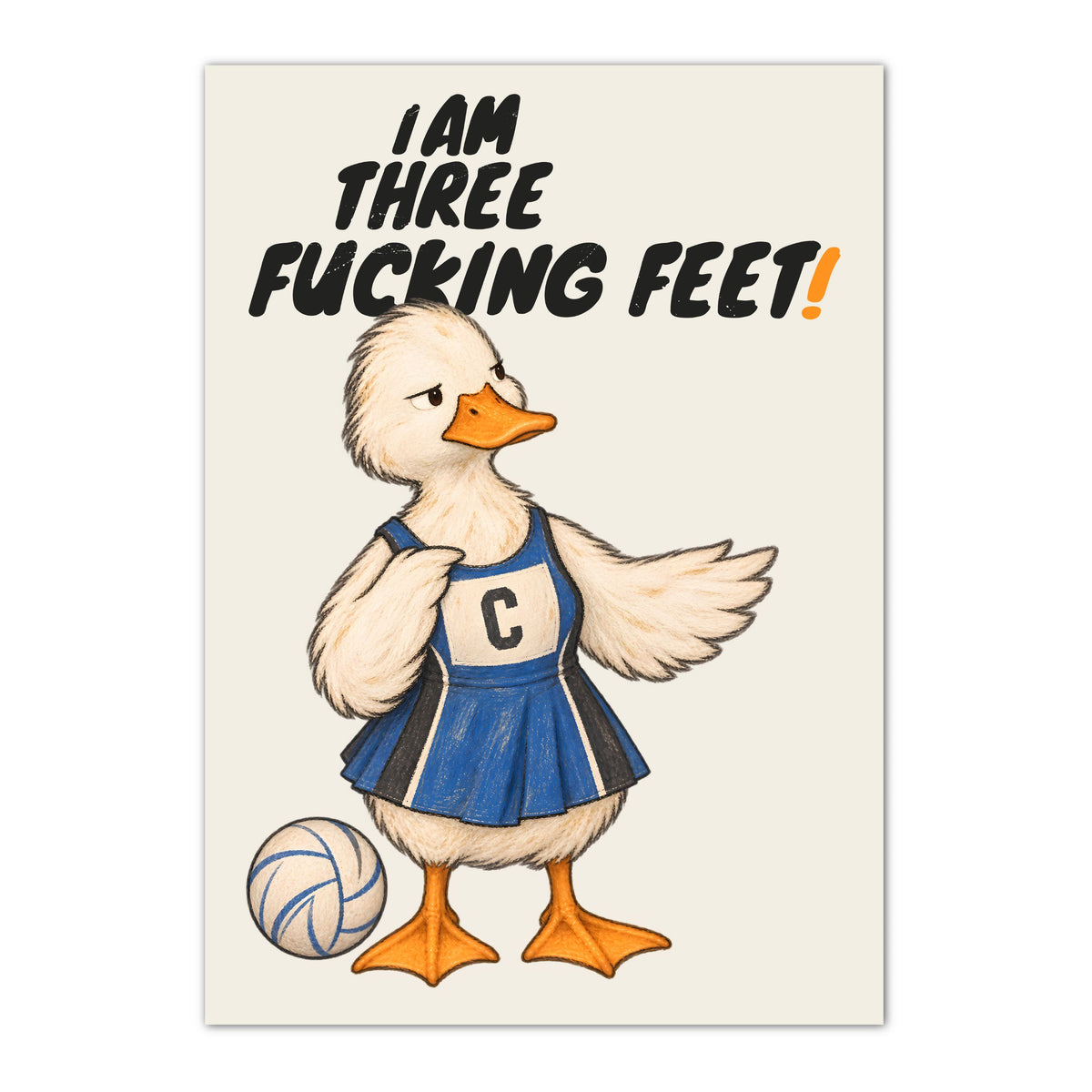 Funny netball poster with duck and I AM THREE FUCKING FEET wording