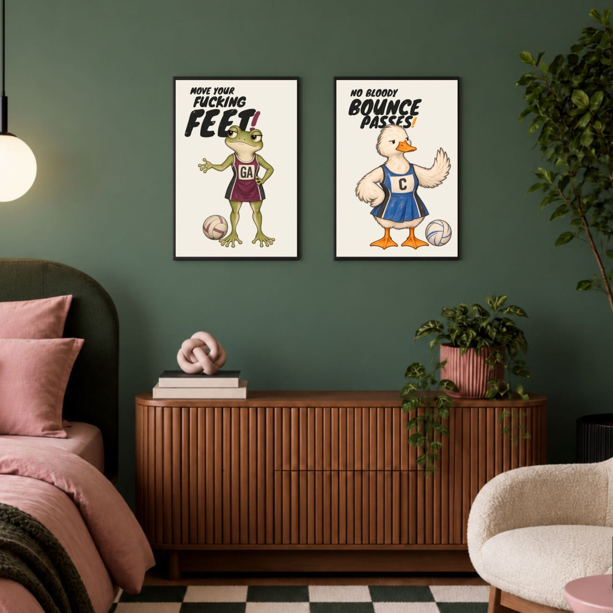 Funny netball print with NO BLOODY BOUNCE PASSES in a lifestyle interior