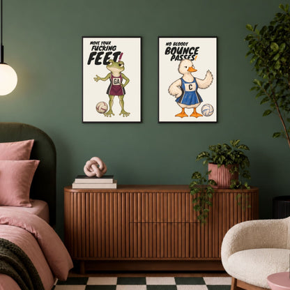 Funny netball print with NO BLOODY BOUNCE PASSES in a lifestyle interior