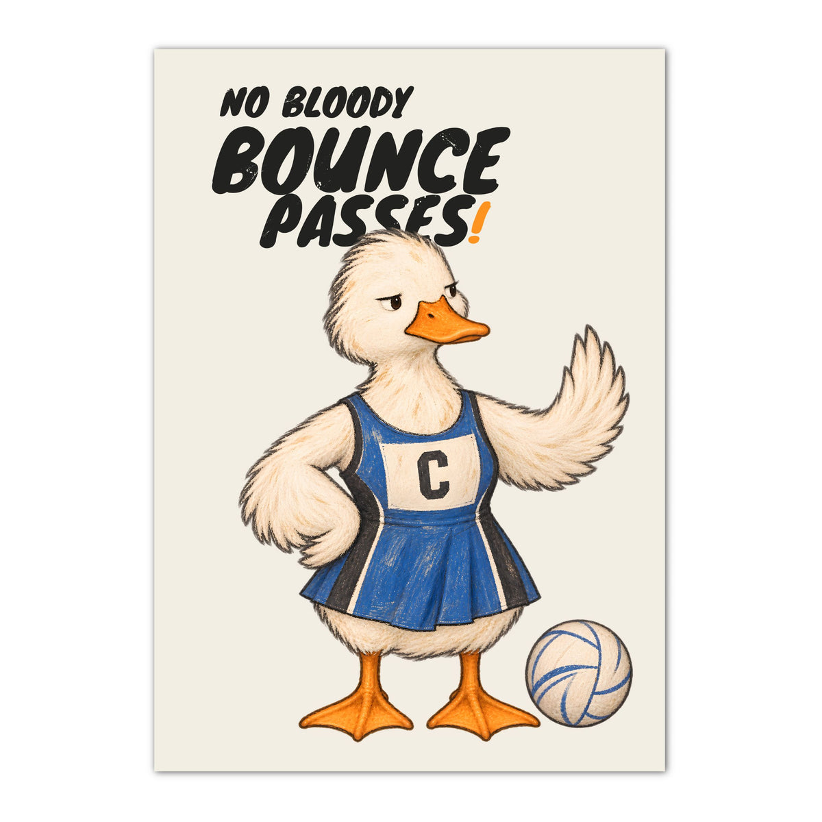 Funny netball poster with duck and NO BLOODY BOUNCE PASSES wording