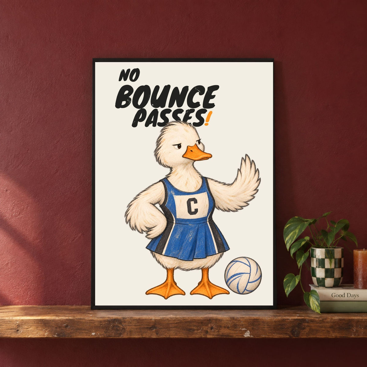 NO BOUNCE PASSES netball poster displayed in a contemporary room