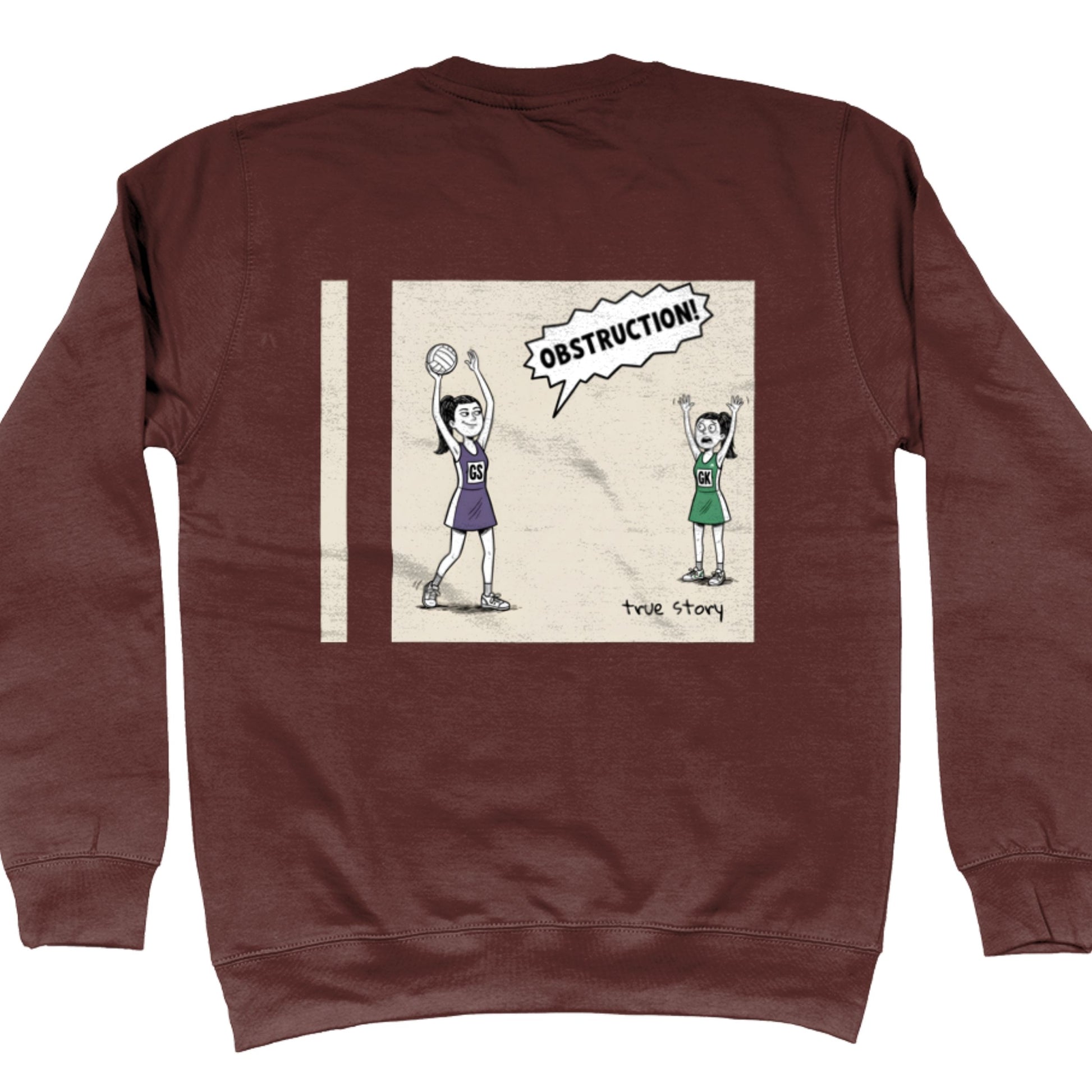 Green Brown Sweatshirt with Funny Comic Strip Obstruction Back Print