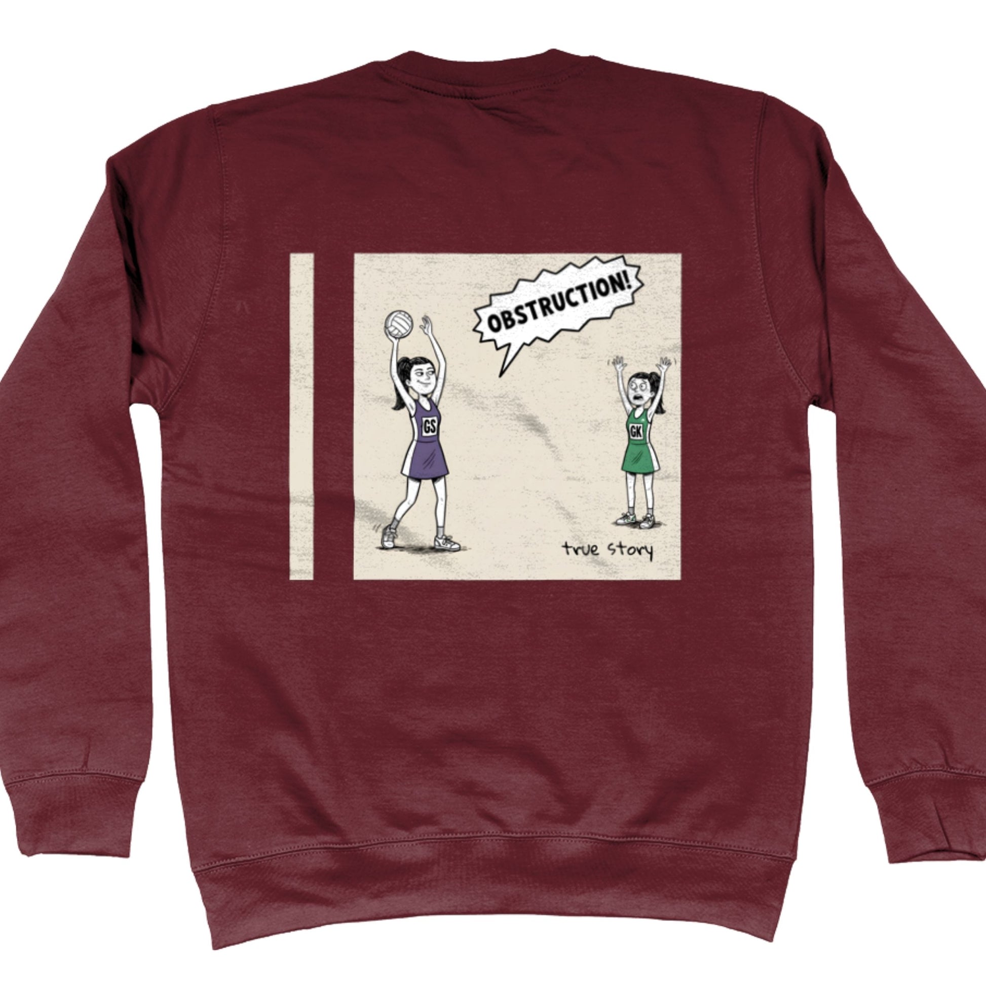 Burgundy Netball Jumper with Funny Comic Strip Obstruction Back Print