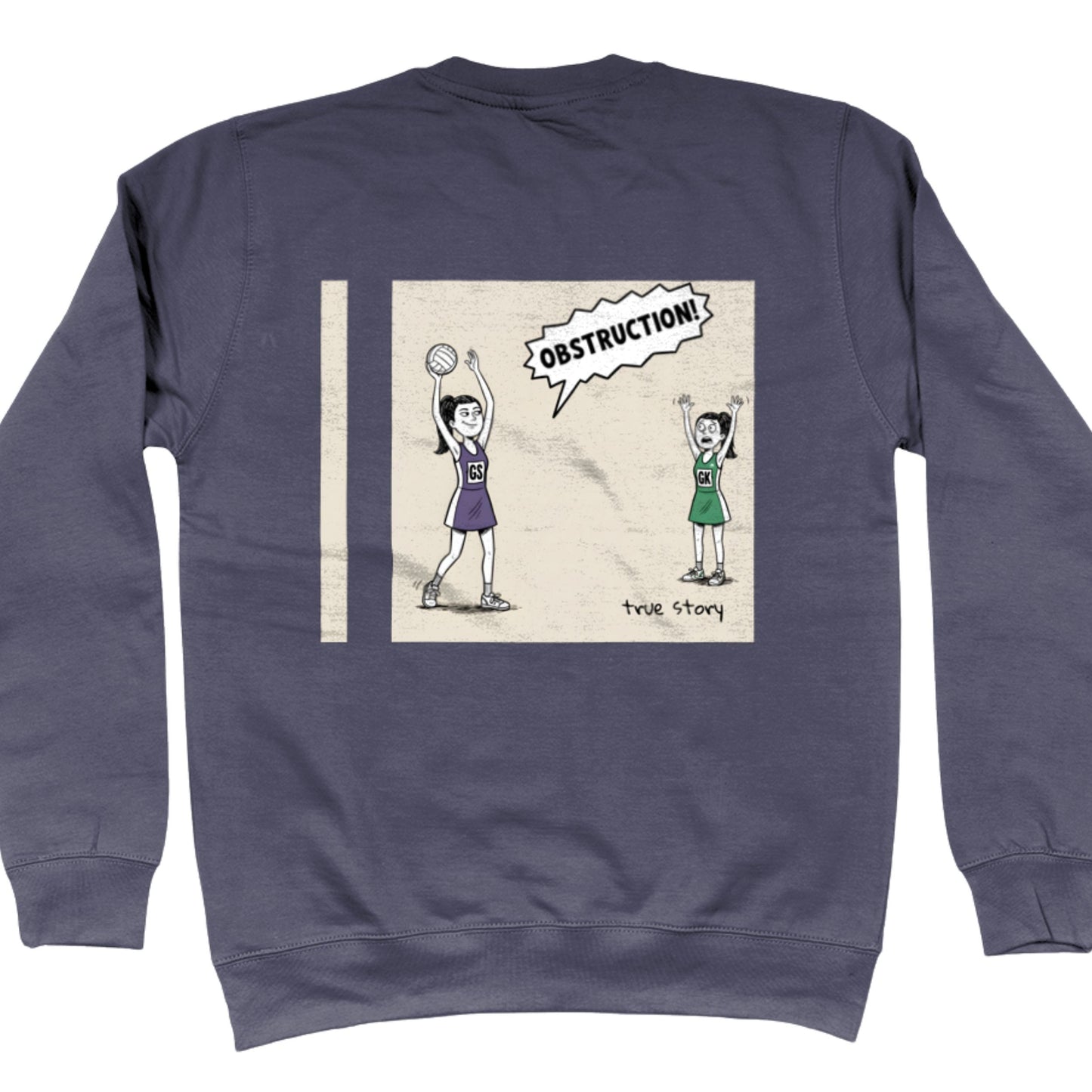 Dark Grey Netball Jumper with Funny Comic Strip Obstruction Back Print