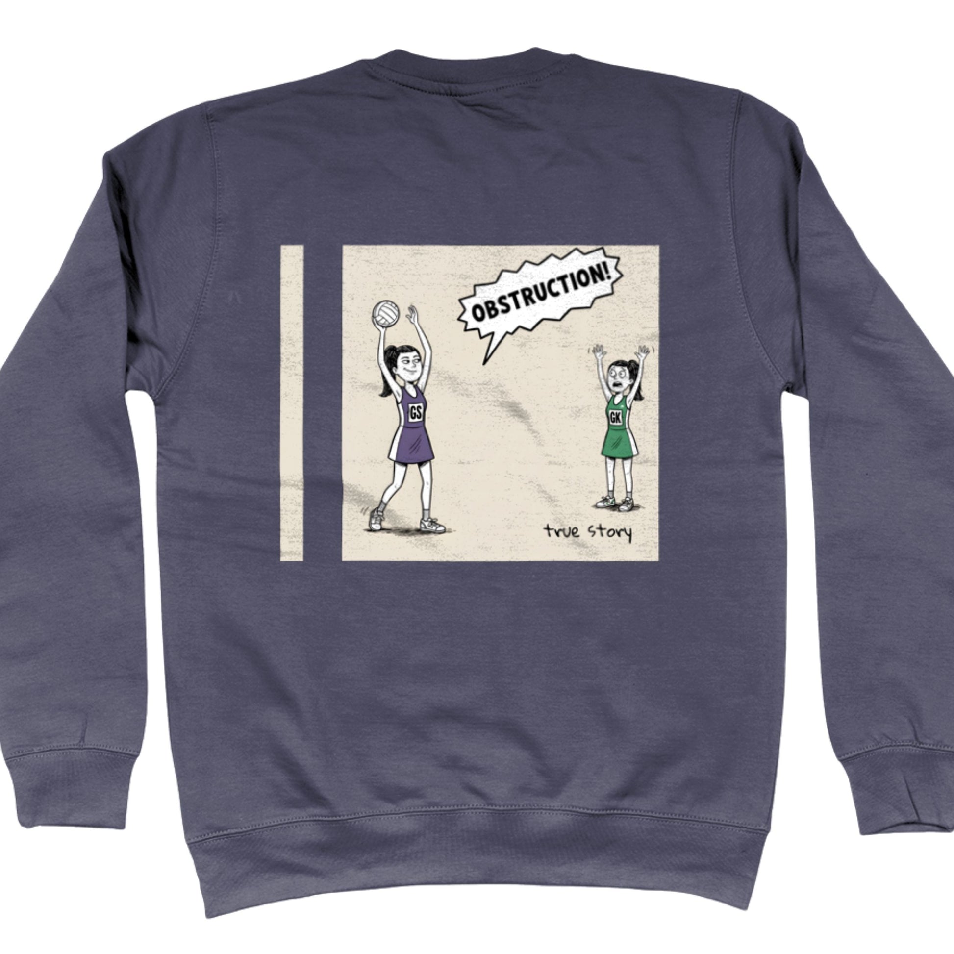 Dark Grey Netball Jumper with Funny Comic Strip Obstruction Back Print
