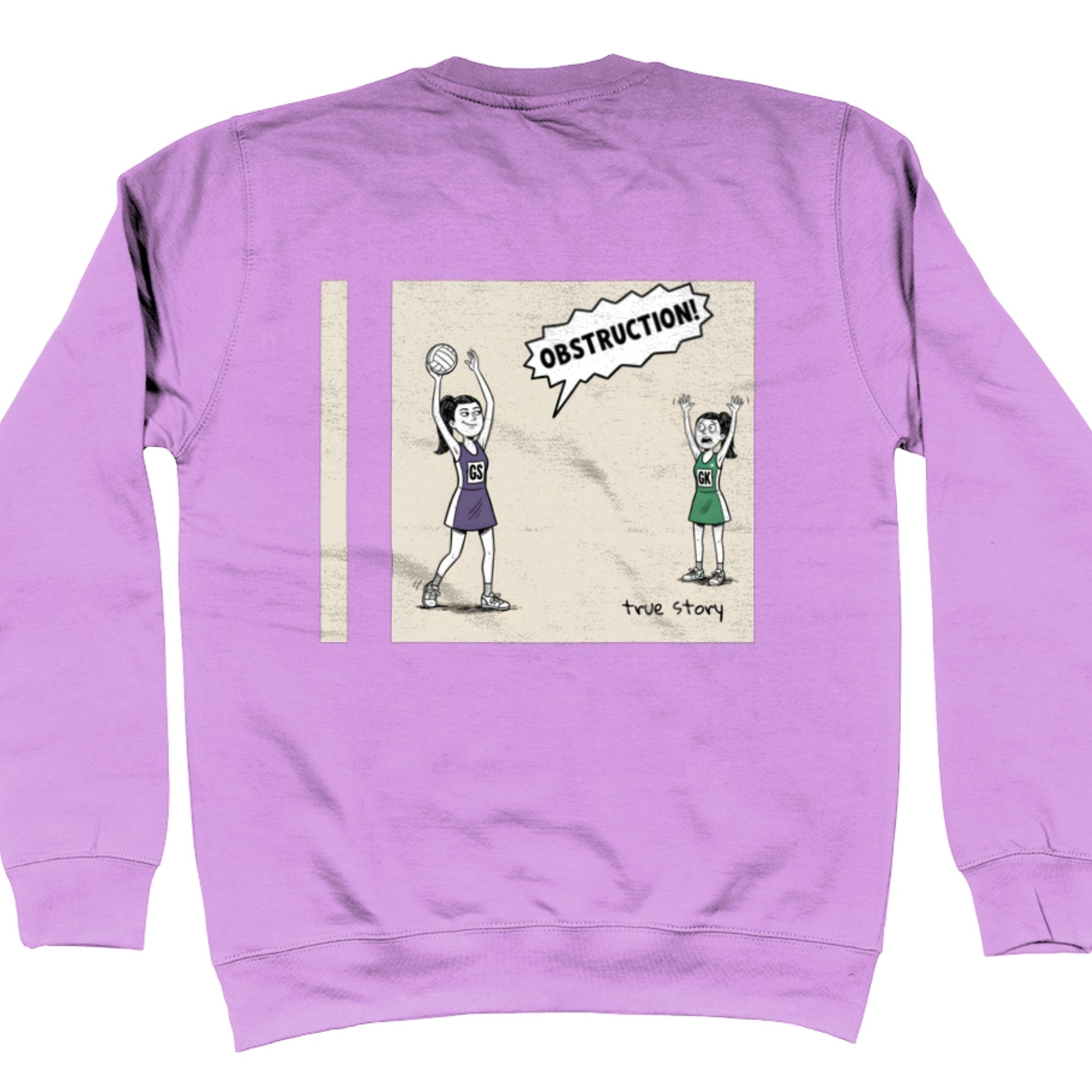 Purple Netball Sweatshirt with Funny Comic Strip Obstruction Back Print