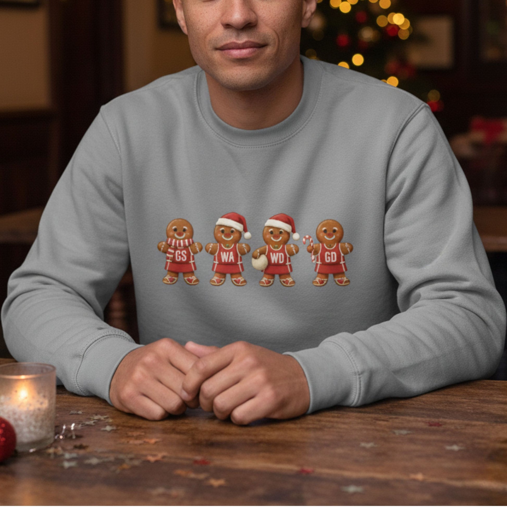 Mens Grey Netball Christmas Jumper - Gingerbread Sweatshirt