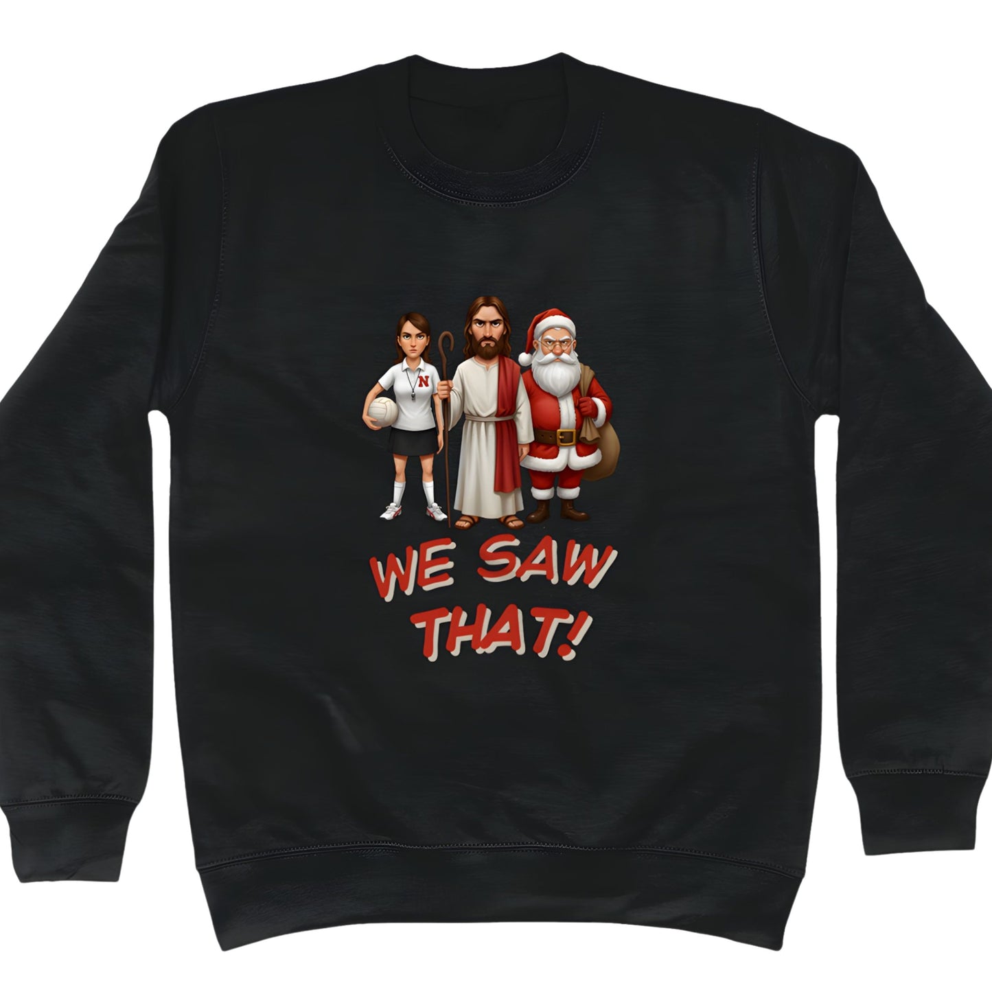 Black Funny Netball Christmas Jumper with Santa, Jesus and Netball Umpire 