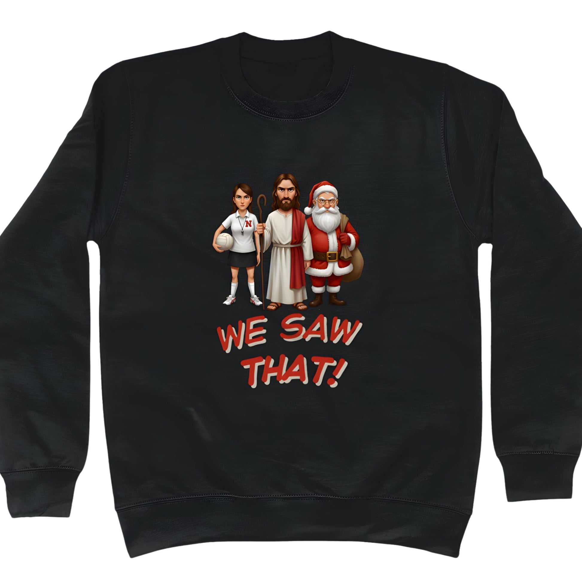 Black Funny Netball Christmas Jumper with Santa, Jesus and Netball Umpire 