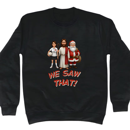 Black Funny Netball Christmas Jumper with Santa, Jesus and Netball Umpire 