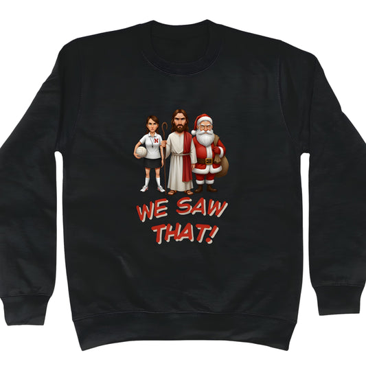 Black Funny Netball Christmas Jumper with Santa, Jesus and Netball Umpire 