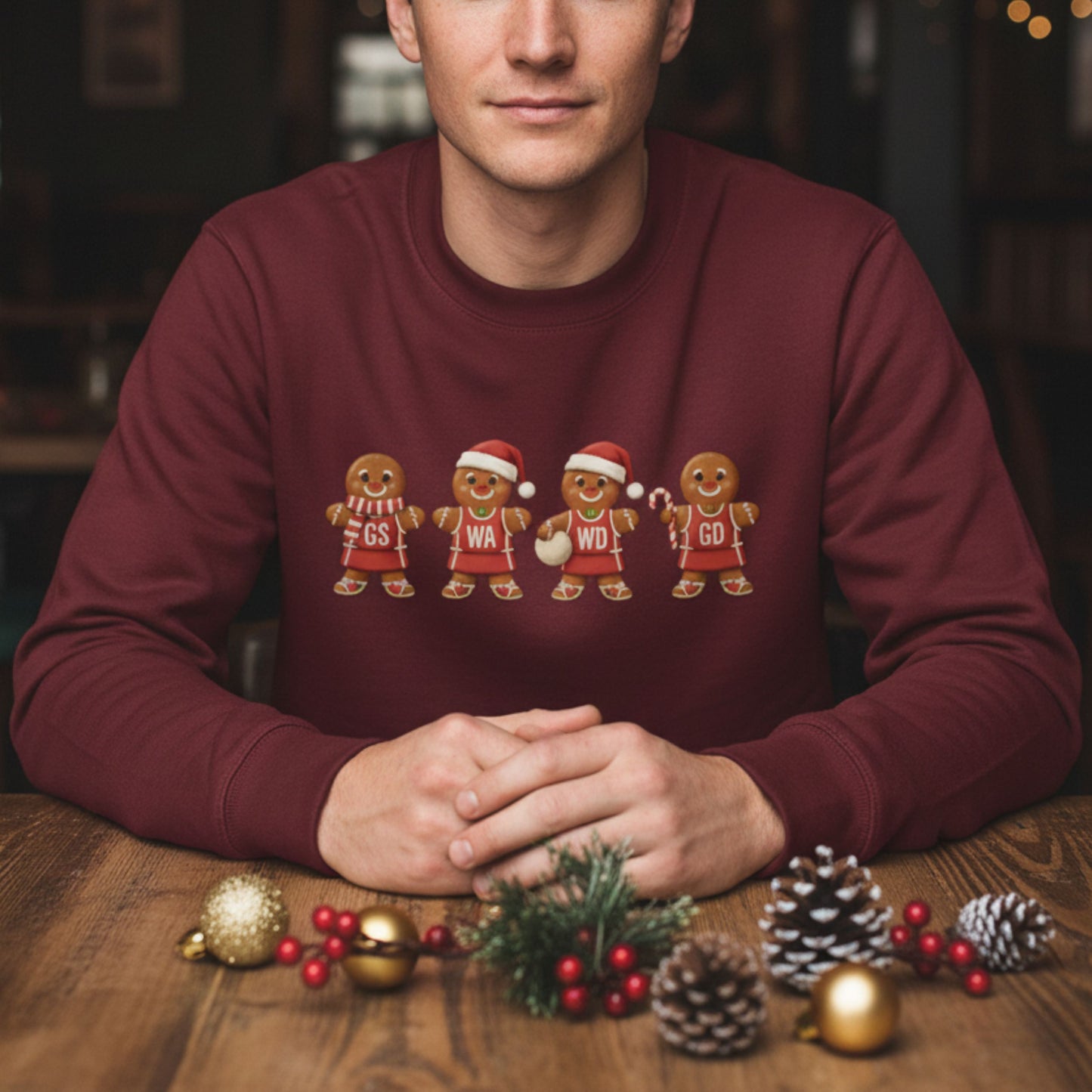 Mens Burgundy Netball Christmas Jumper - Gingerbread Sweatshirt