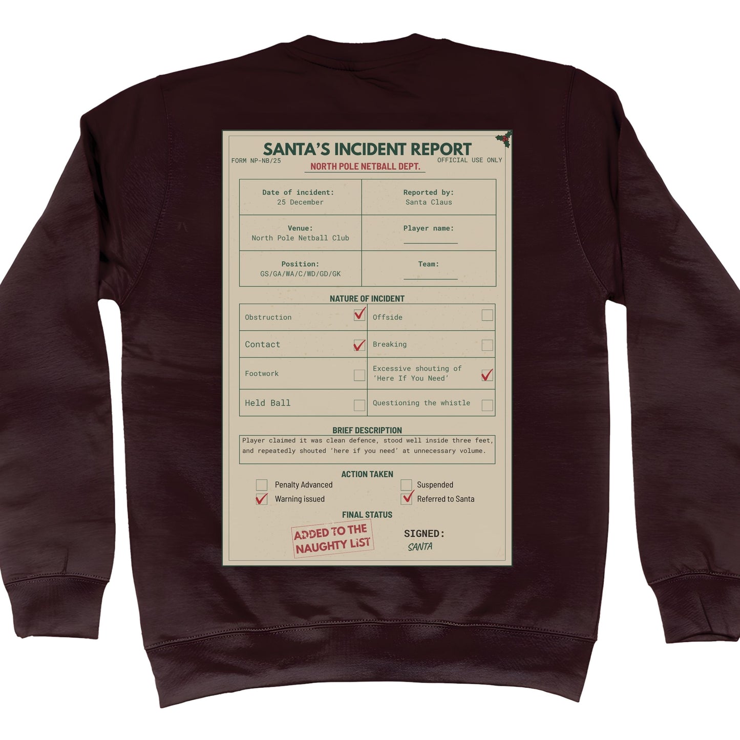 Brown Netball Christmas Jumper - Santa's Incident Report