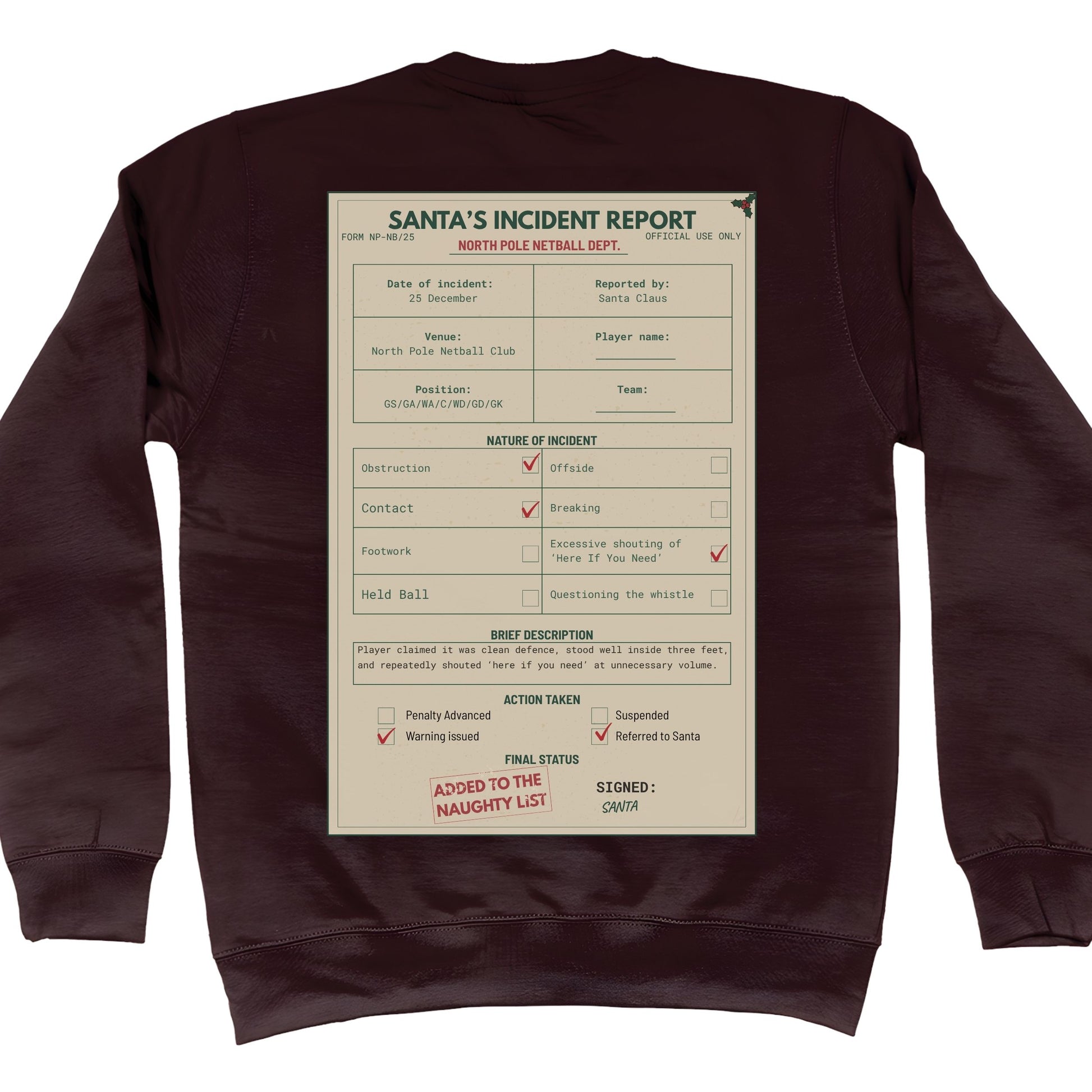 Brown Netball Christmas Jumper - Santa's Incident Report