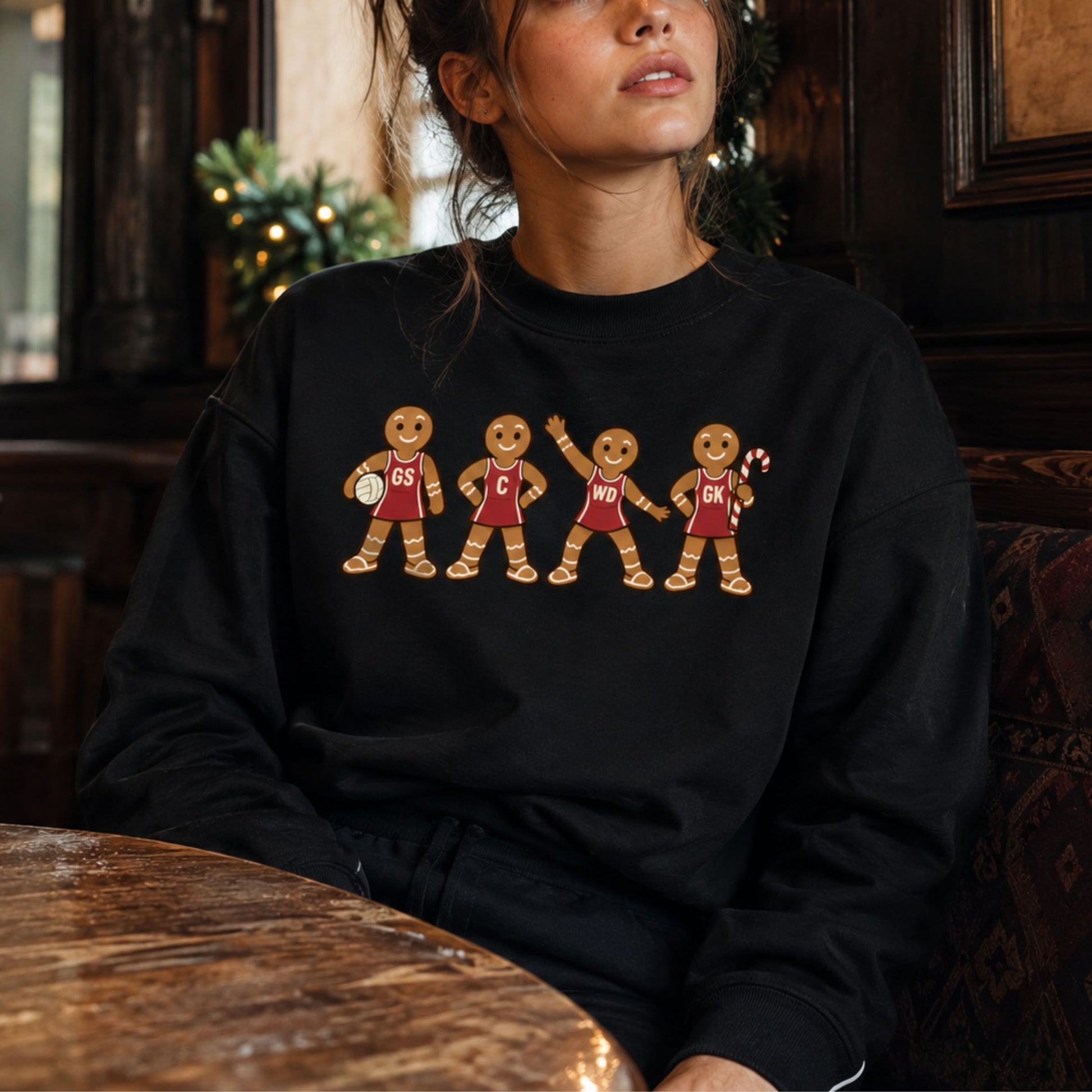 Black Netball Gingerbread Men Christmas Jumper for Women