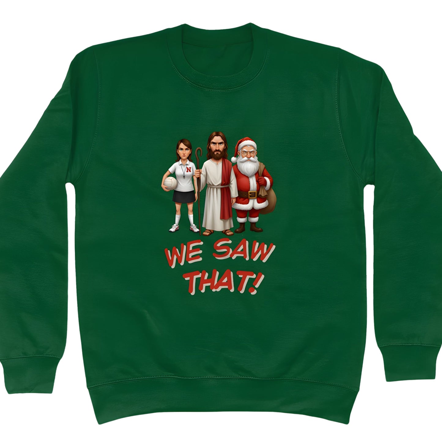 Green Funny Netball Christmas Jumper with Santa, Jesus and Netball Umpire 