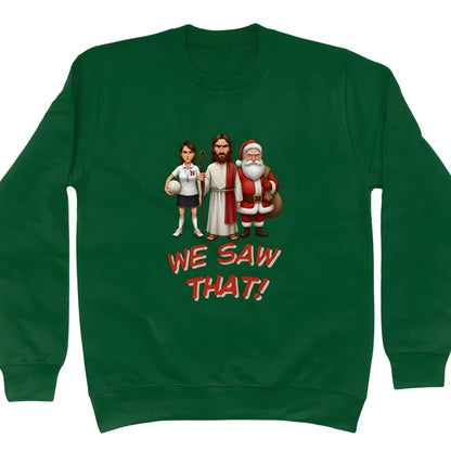 Green Funny Netball Christmas Jumper with Santa, Jesus and Netball Umpire 