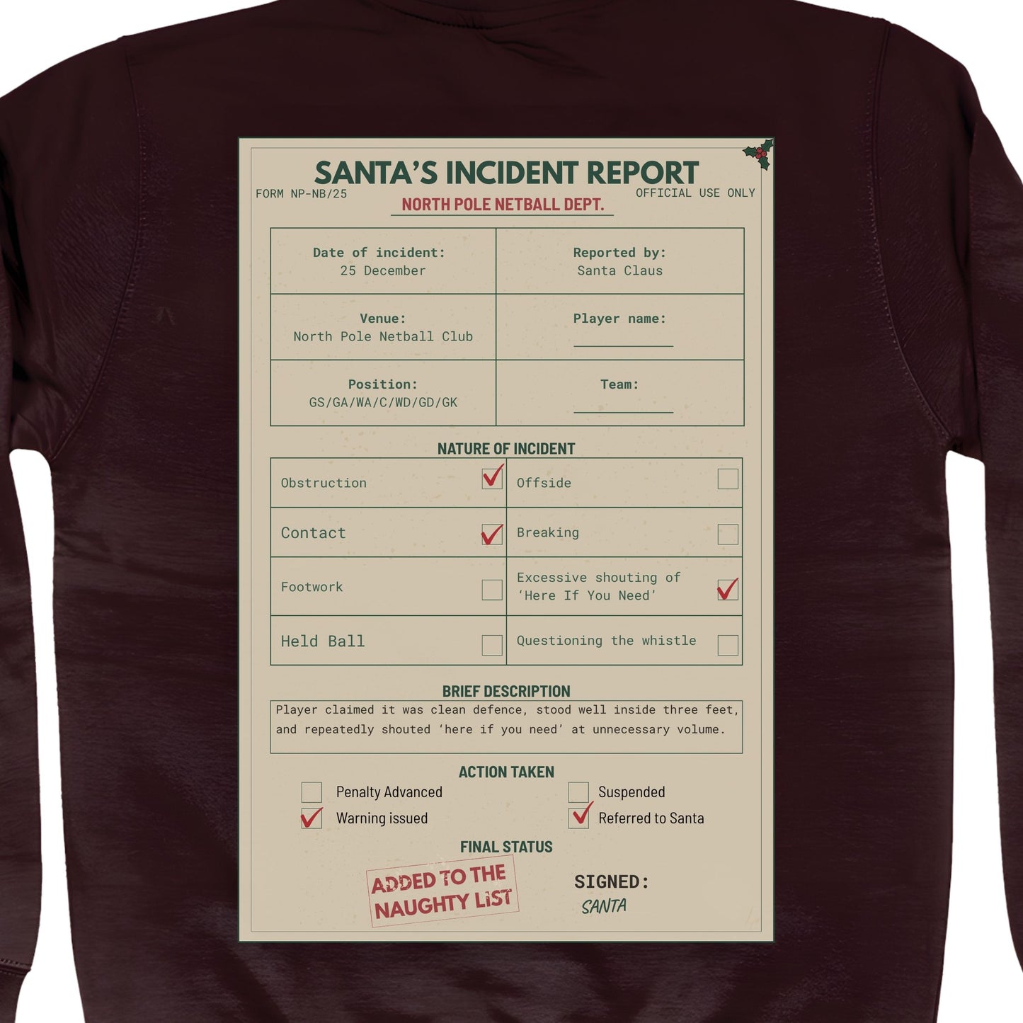 Netball Christmas Santa Jumper with Vintage Back Print Graphic