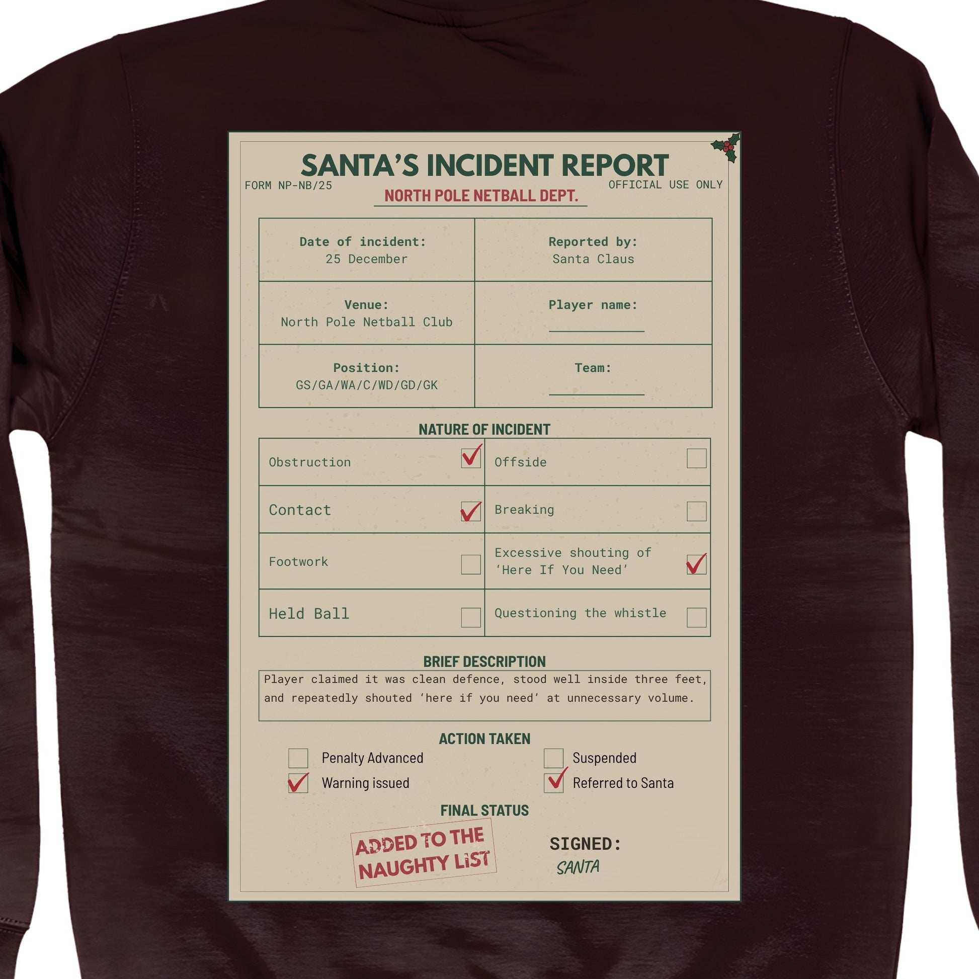 Netball Christmas Santa Jumper with Vintage Back Print Graphic