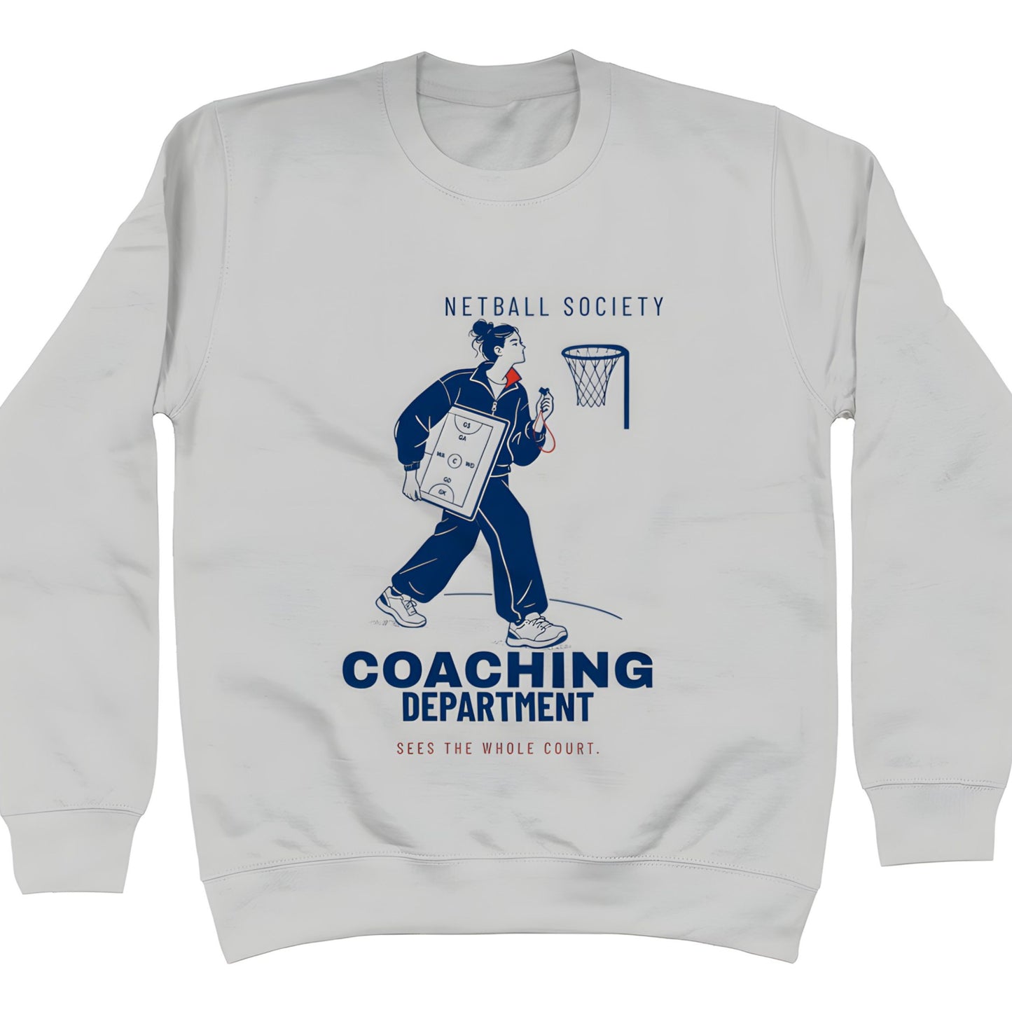 Grey Netball Coach Jumper - Coaching Department Graphic
