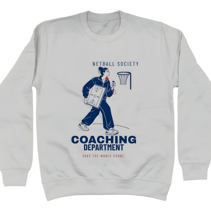 Grey Netball Coach Jumper - Coaching Department Graphic